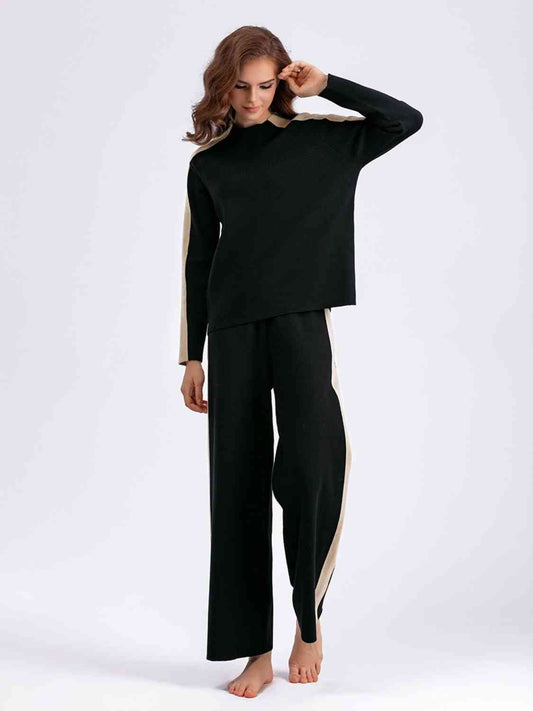 Contrast Sweater and Knit Pants Set - AllIn Computer