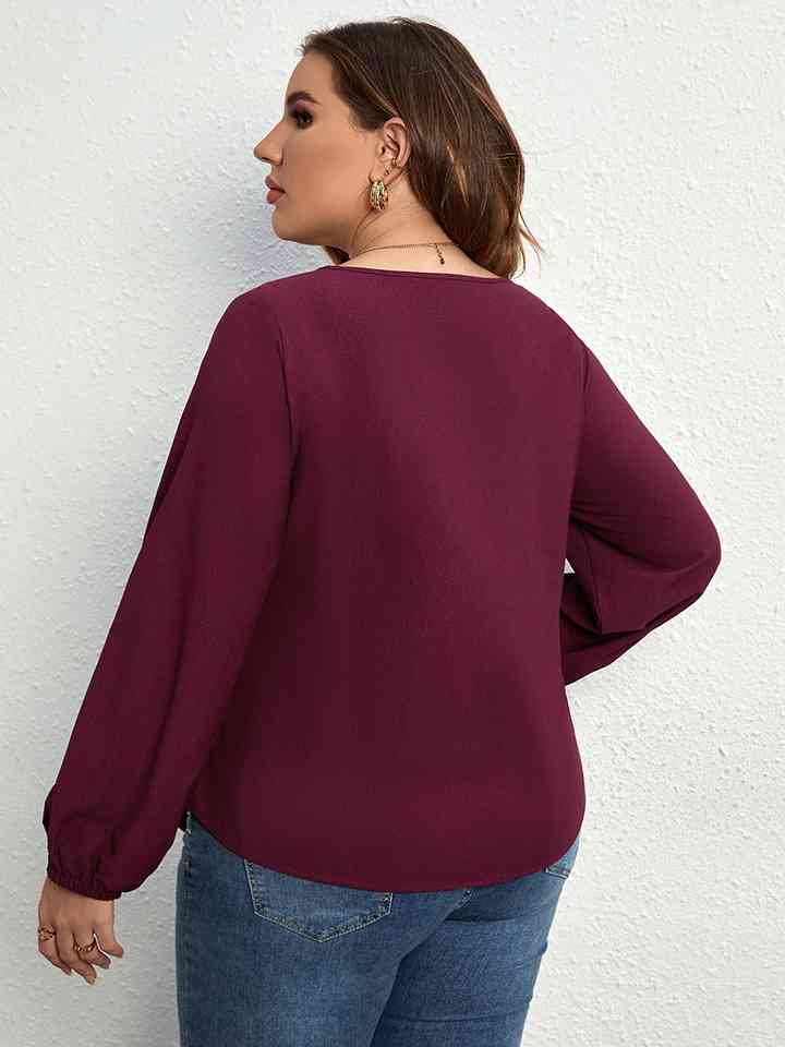 Plus Size Round Neck Tie Waist Long Sleeve Blouse - AllIn Computer
