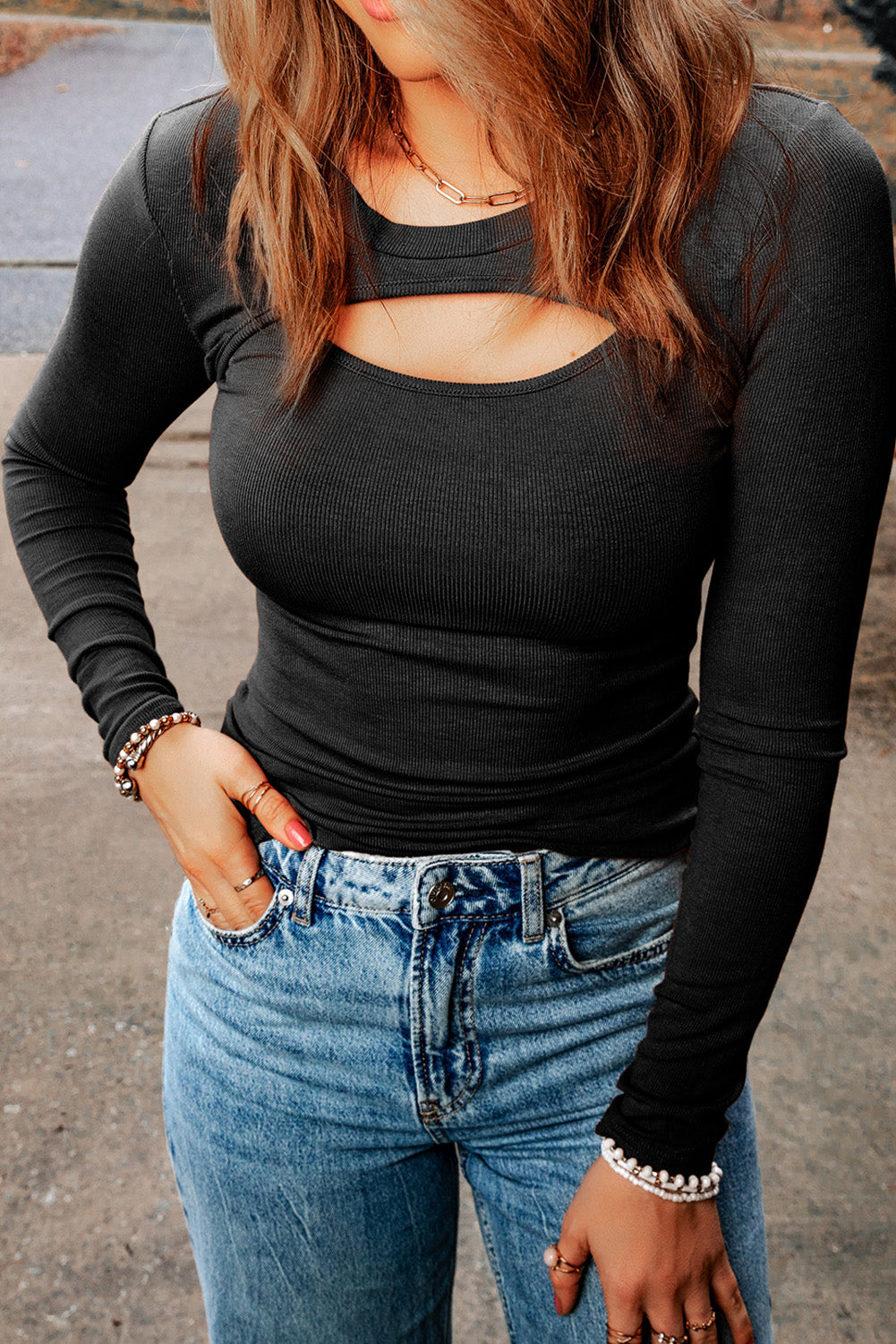 Cutout Round Neck Long Sleeve Top - AllIn Computer