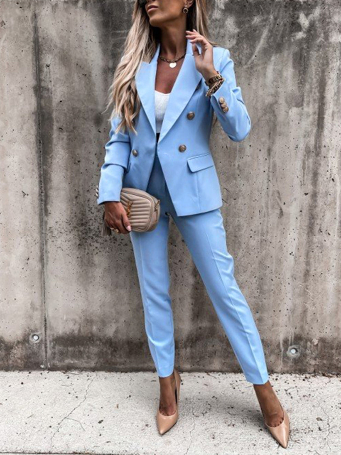 Lapel Collar Long Sleeve Blazer and Pants Set - AllIn Computer