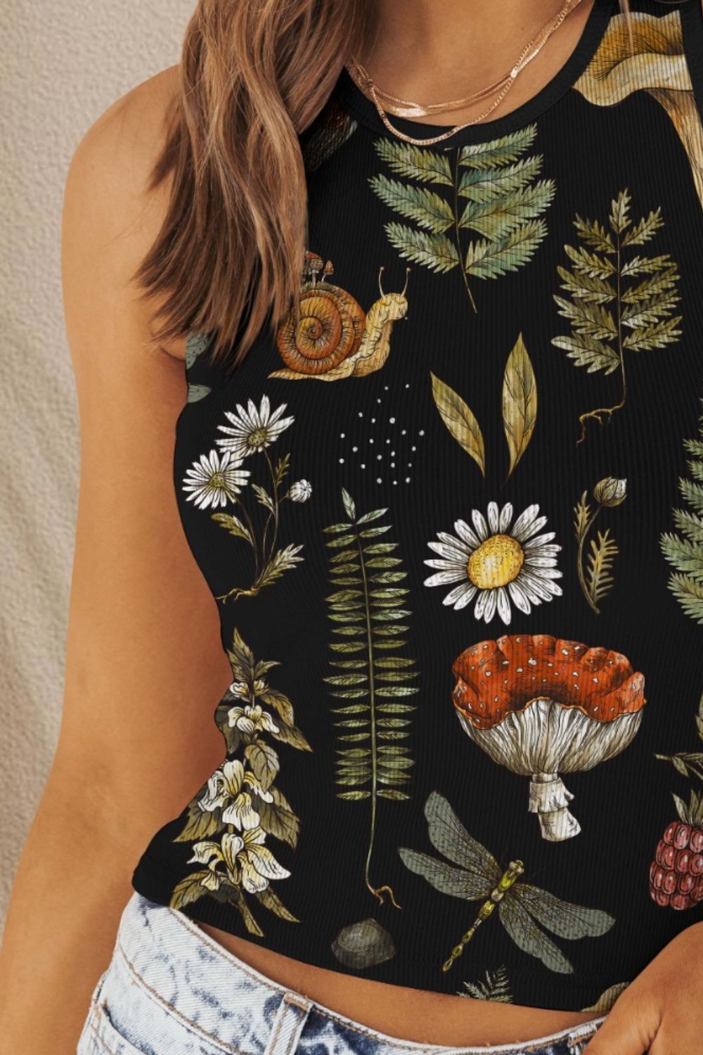Printed Round Neck Wide Strap Tank - AllIn Computer