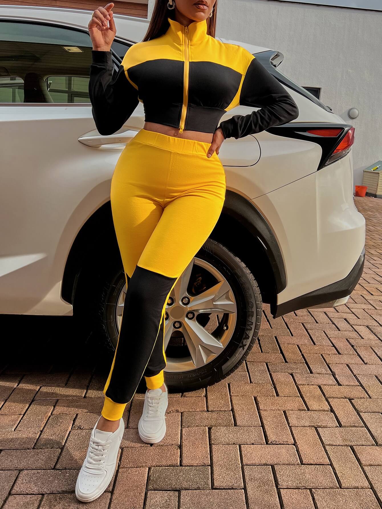 Two-Tone Collared Neck Top and Joggers Set - AllIn Computer