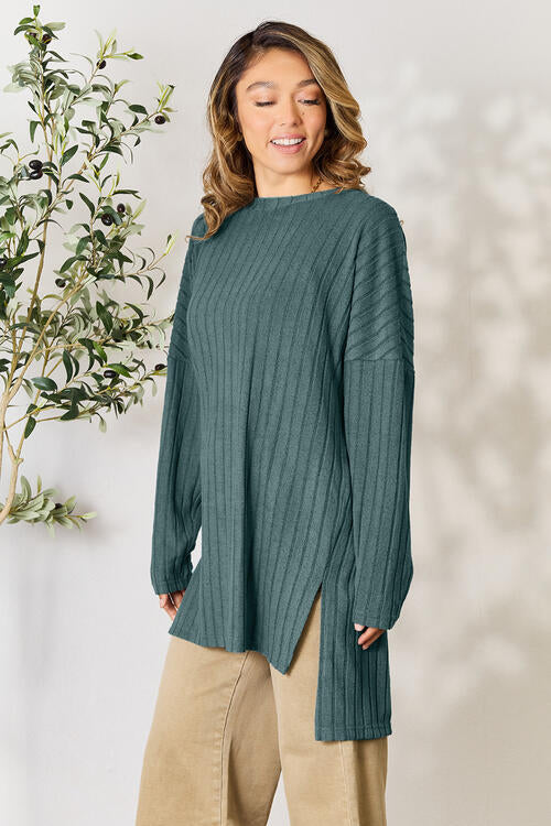 Basic Bae Full Size Ribbed Round Neck Long Sleeve Slit Top - AllIn Computer