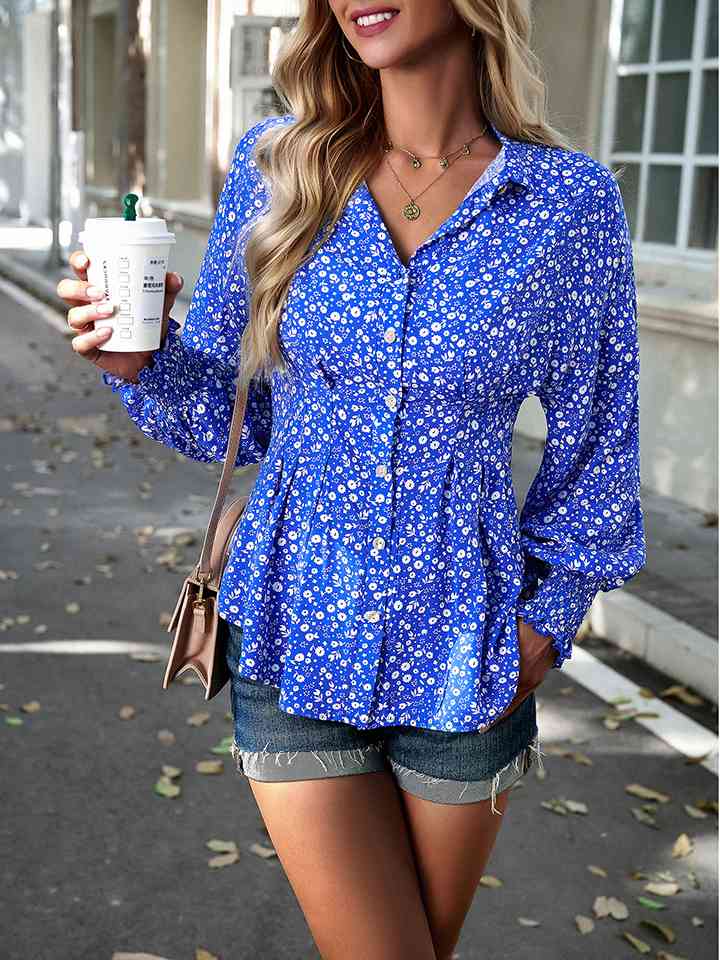 Printed Button-Up Lantern Sleeve Shirt - AllIn Computer