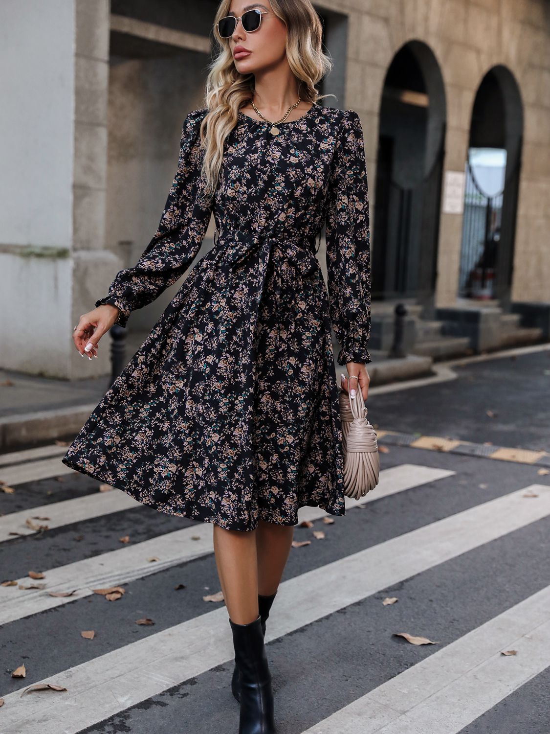 Printed Tie Belt Balloon Sleeve Dress - AllIn Computer