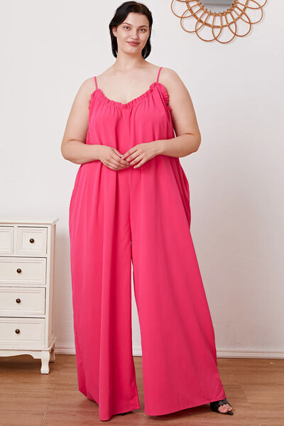 Full Size Ruffle Trim Tie Back Cami Jumpsuit with Pockets - AllIn Computer