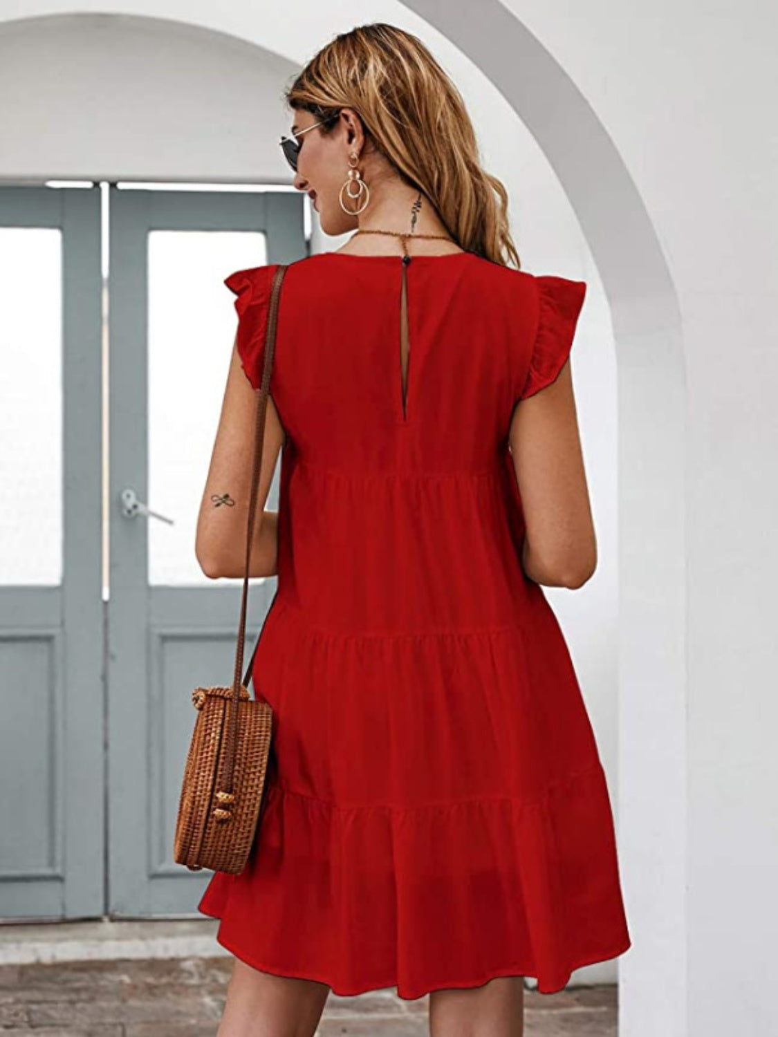 Ruffled Round Neck Cap Sleeve Mini Dress - AllIn Computer