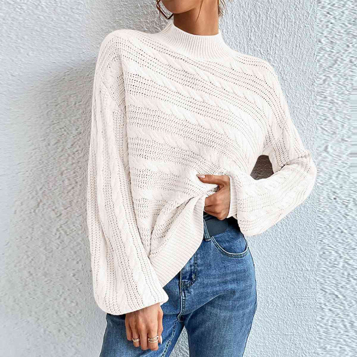 Cable-Knit Mock Neck  Long Sleeve Sweater - AllIn Computer