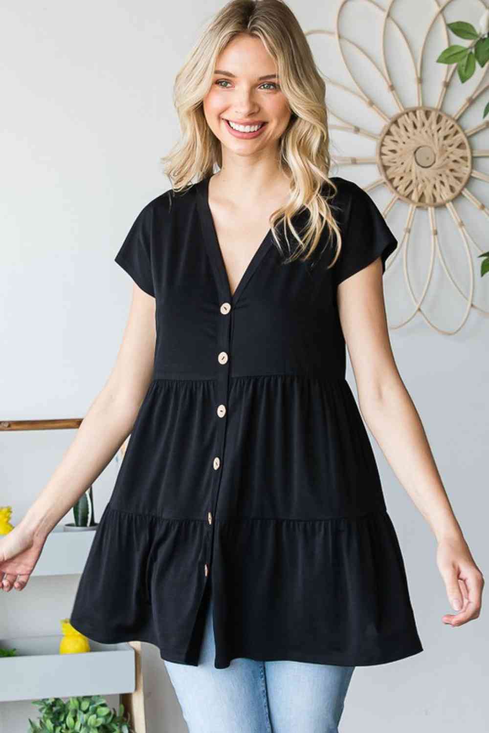 Heimish Full Size Buttoned V-Neck Tiered Top - AllIn Computer