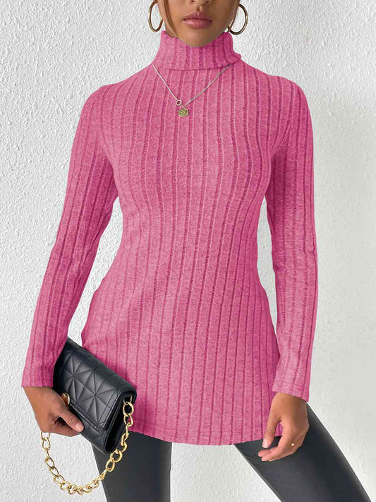 Ribbed Turtleneck Long Sleeve Slit T-Shirt - AllIn Computer