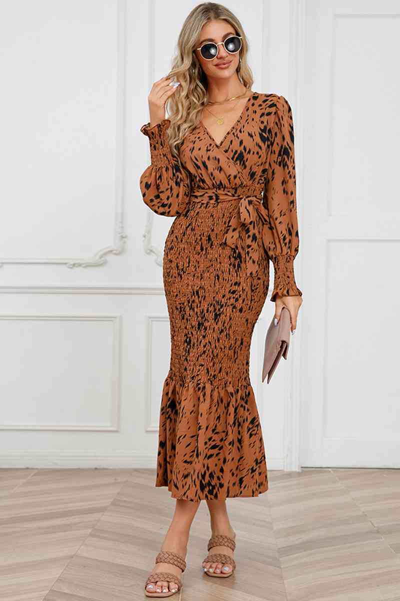 Printed V-Neck Smocked Midi Dress - AllIn Computer