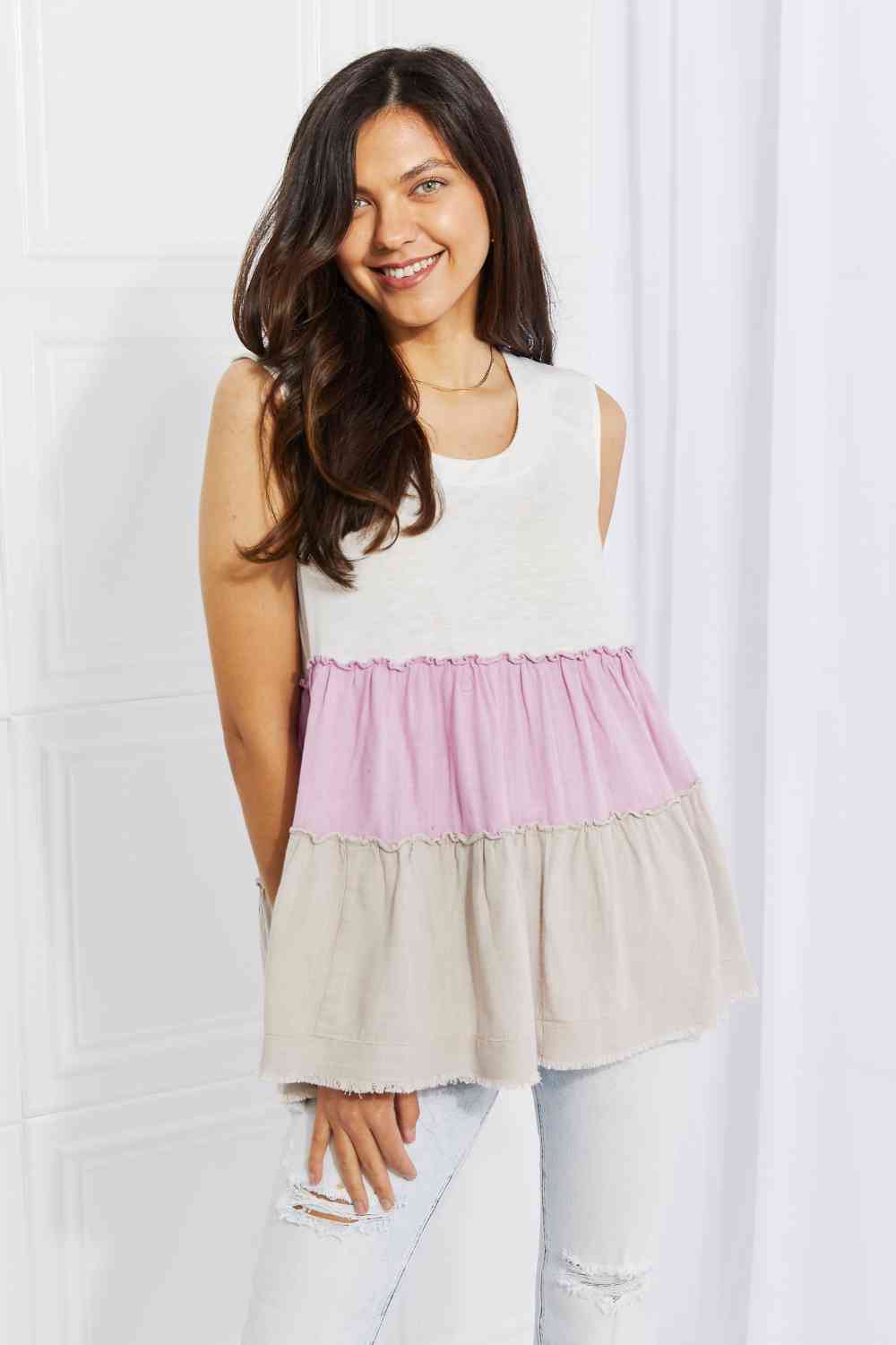 White Birch Full Size Watching the Sunset Color Block Babydoll Top - AllIn Computer