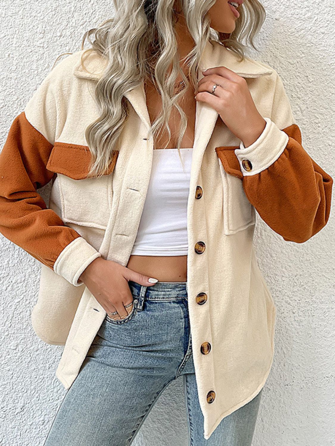 Double Take Contrast Button-Up Fleece Jacket - AllIn Computer