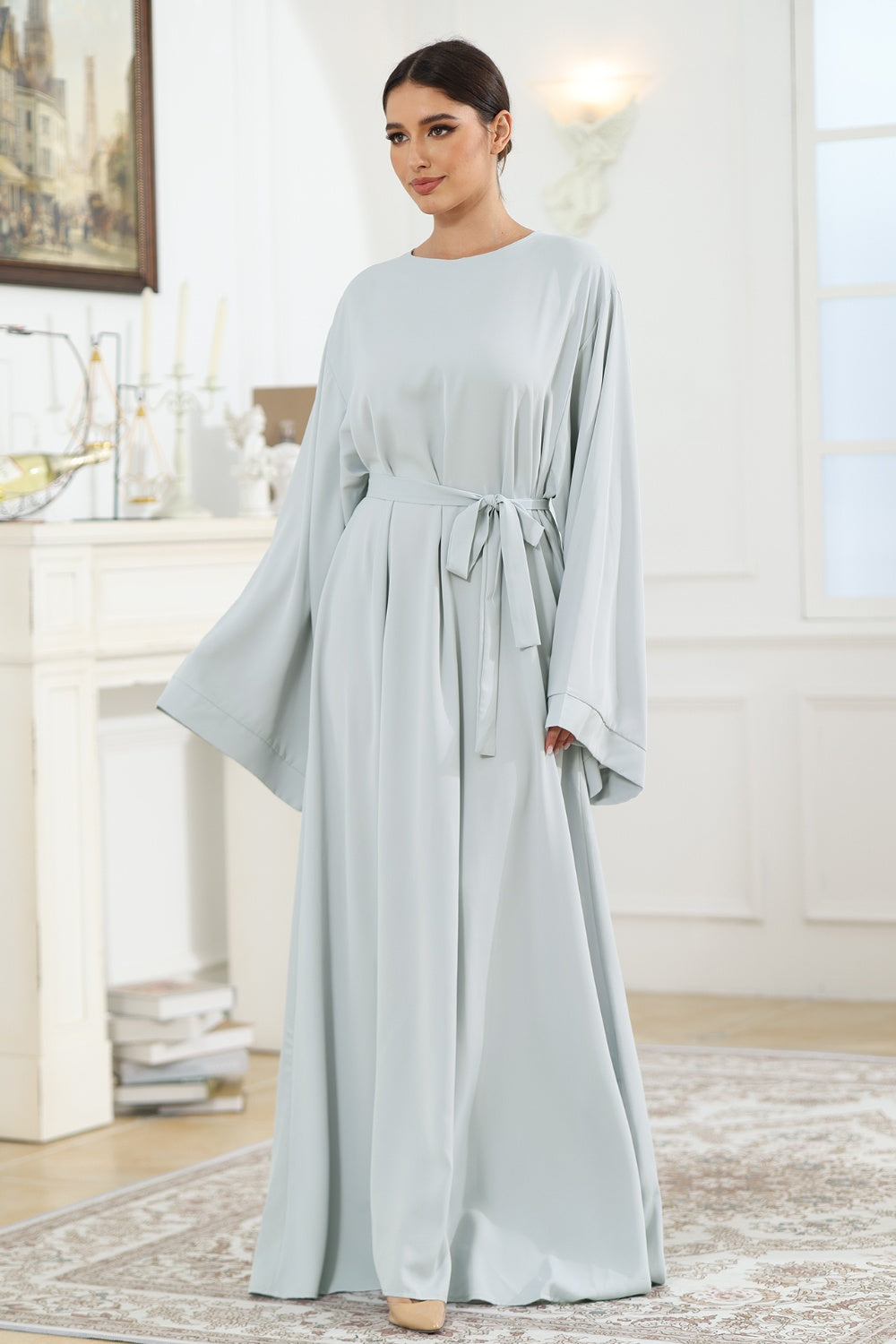 Round Neck Kimono Sleeve Tie Waist Dress - AllIn Computer