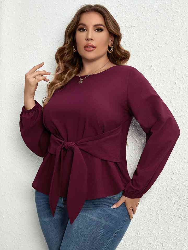 Plus Size Round Neck Tie Waist Long Sleeve Blouse - AllIn Computer