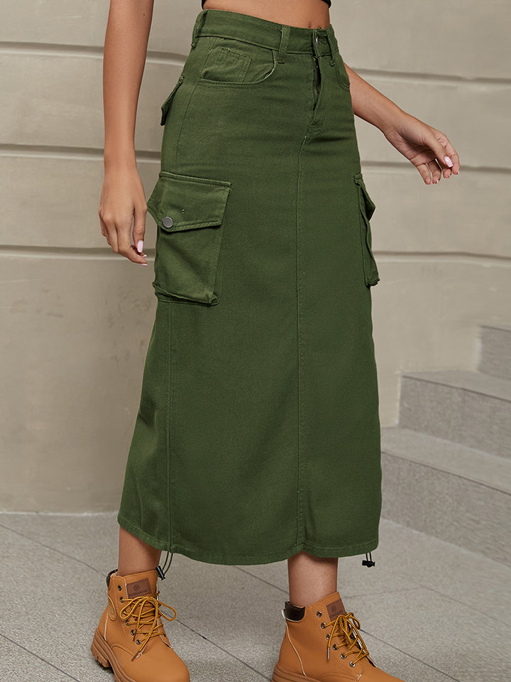 Drawstring Denim Skirt with Pockets - AllIn Computer