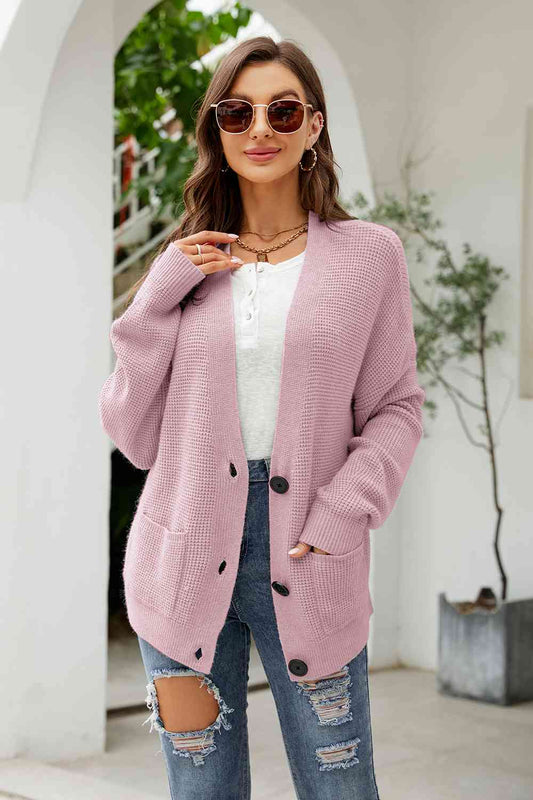 Button Up Drop Shoulder Long Sleeve Cardigan - AllIn Computer