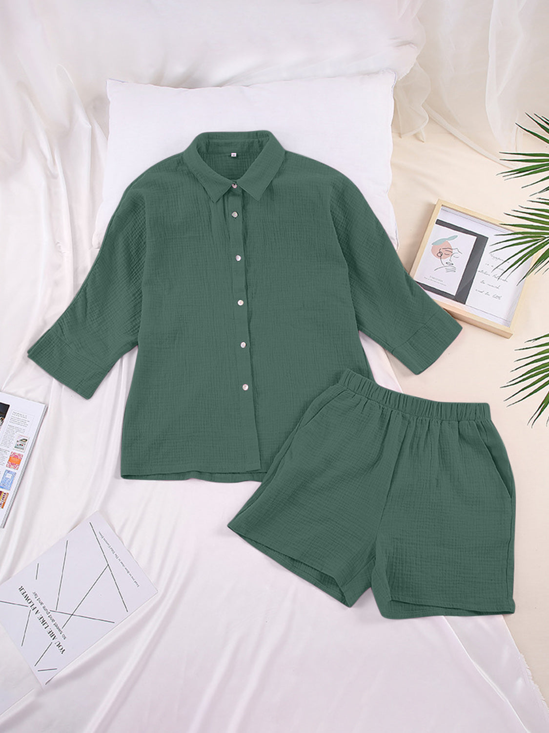 Texture Button Up Shirt and Shorts Set - AllIn Computer