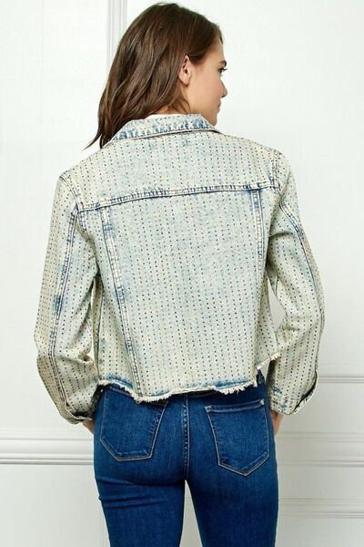 Veveret Multi Color Stripe Rhinestone Raw Hem Denim Jacket - AllIn Computer