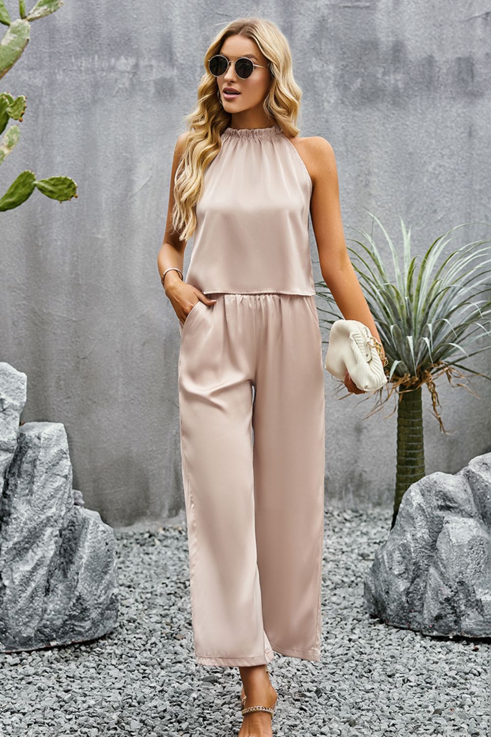 Grecian Neck Sleeveless Pocketed Top and Pants Set - AllIn Computer