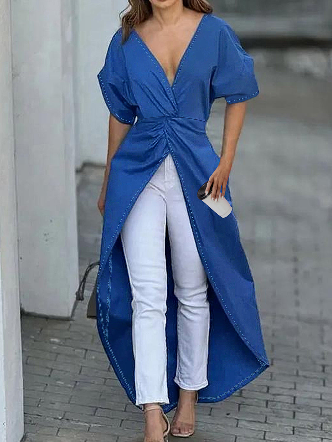 Twisted High-Low Short Sleeve Blouse - AllIn Computer