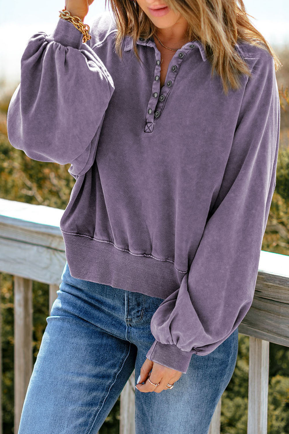 Quarter-Snap Collared Lantern Sleeve Sweatshirt - AllIn Computer