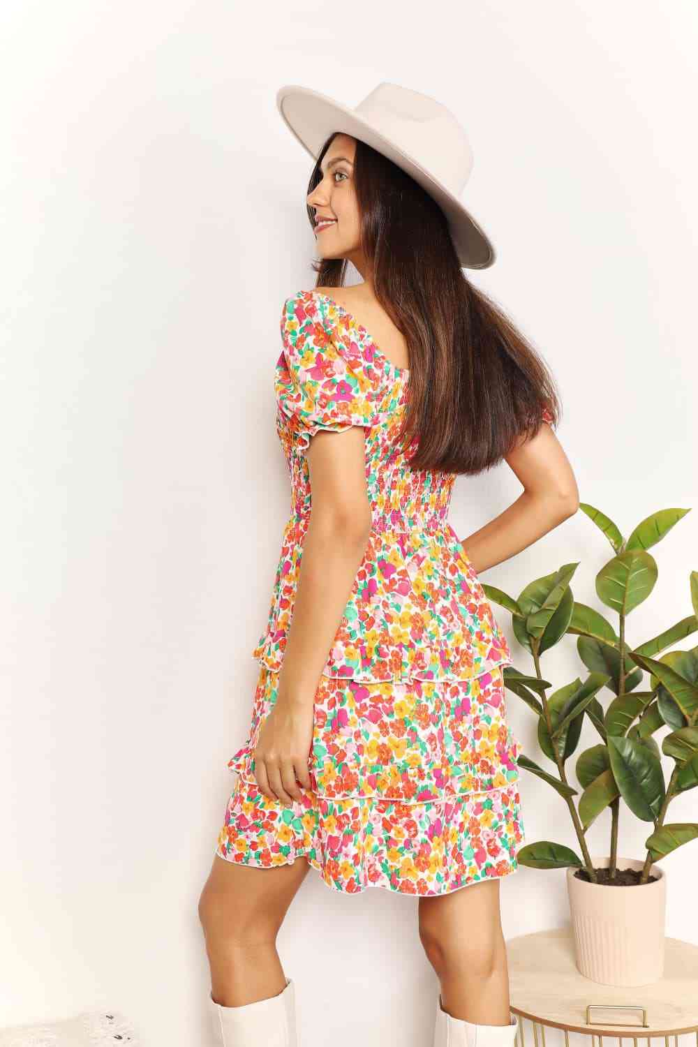 Double Take Smocked Sweetheart Neck Flounce Sleeve Mini Dress - AllIn Computer