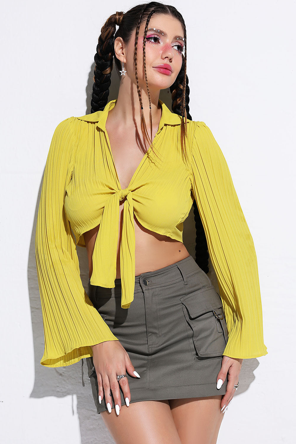 Tie Front Johnny Collar Flare Sleeve Cropped Top - AllIn Computer