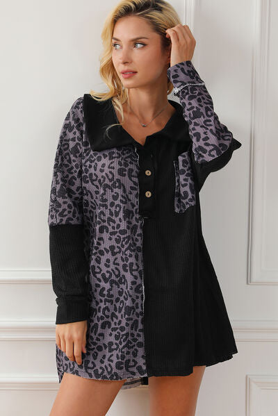 Half Button Leopard Collared Neck Blouse - AllIn Computer