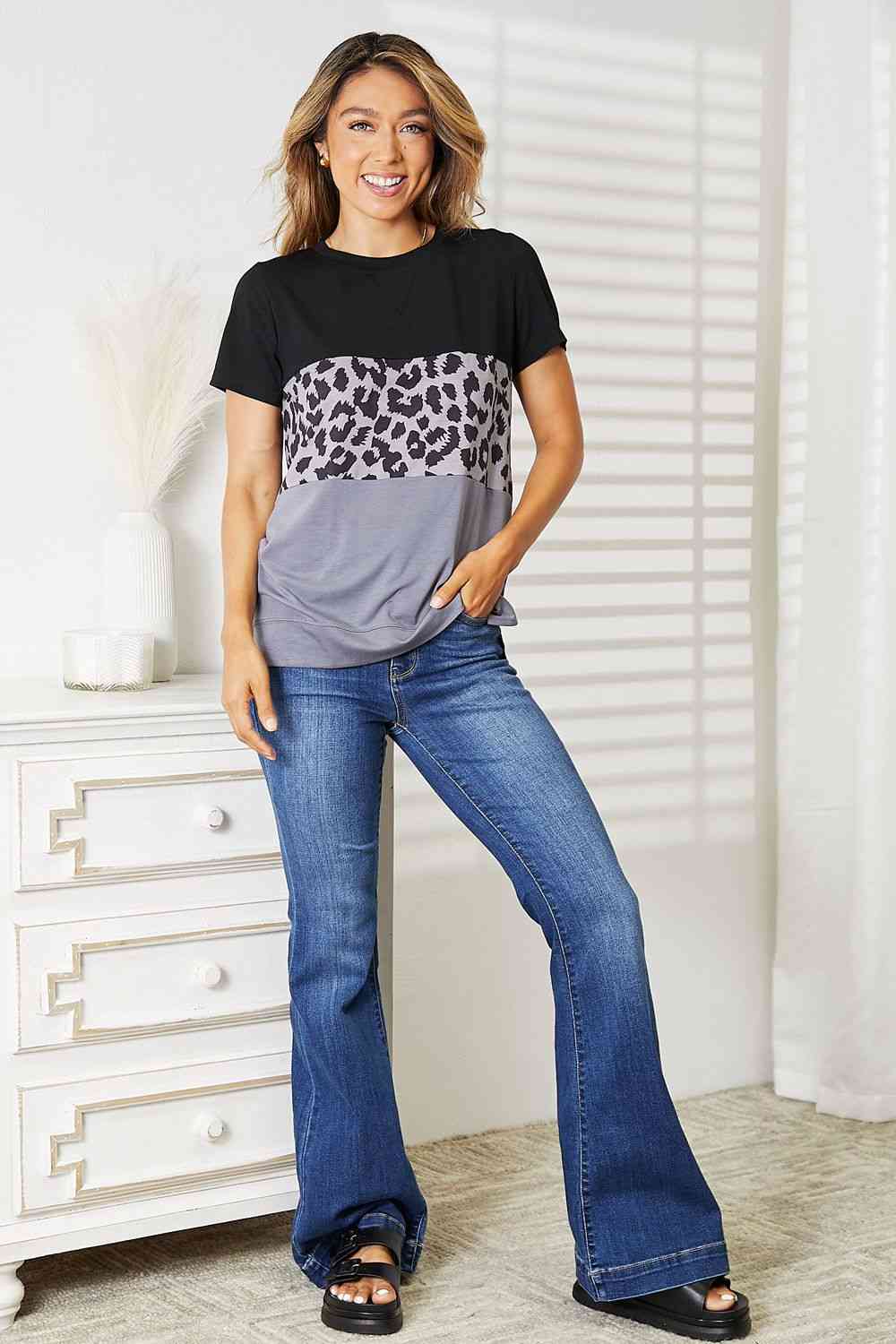 Double Take Leopard Print Color Block Short Sleeve T-Shirt - AllIn Computer