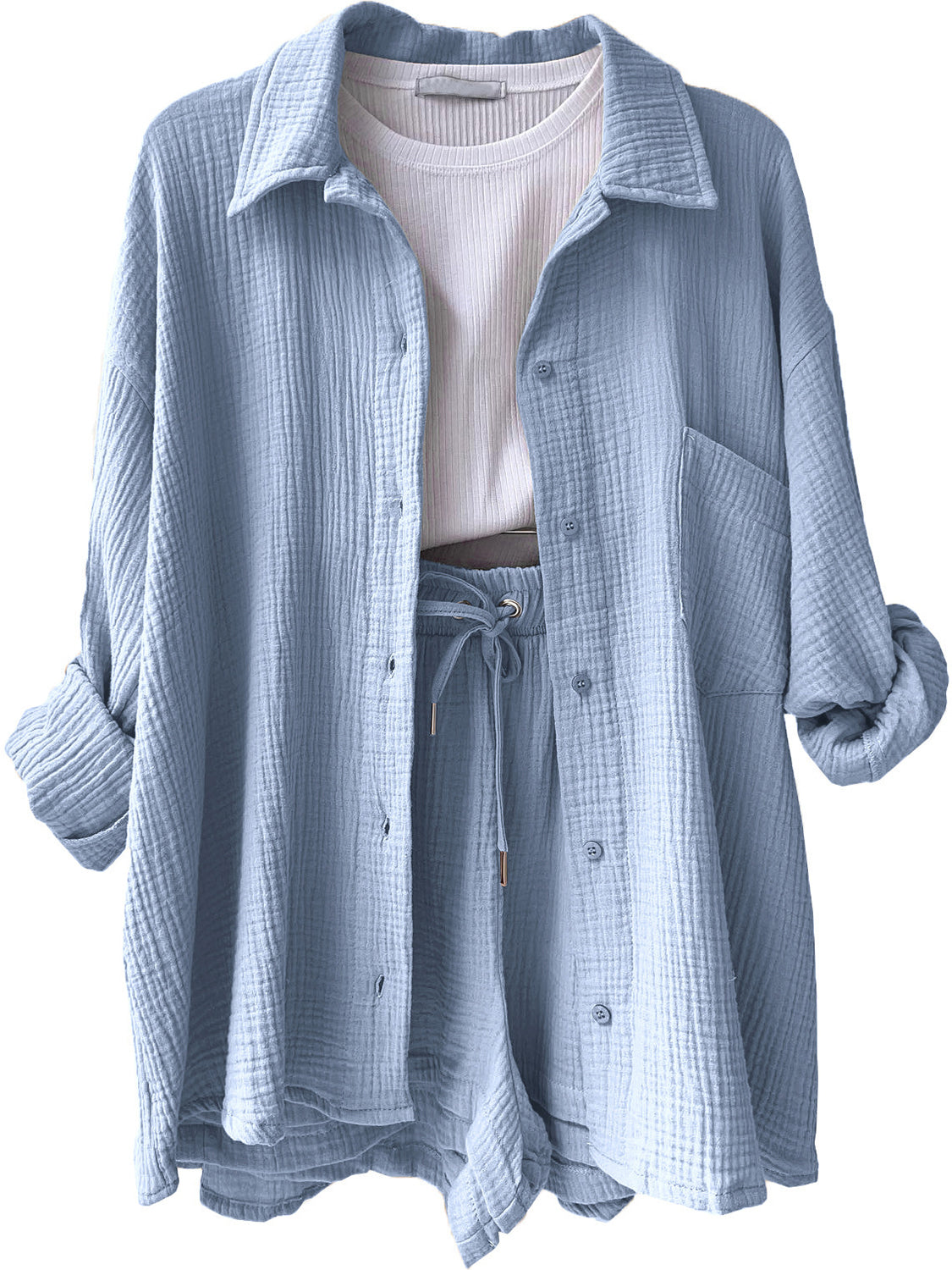 Texture Button Up Shirt and Drawstring Shorts Set - AllIn Computer