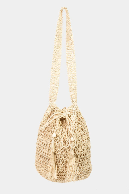 Fame Straw Braided Drawstring Tote Bag with Tassel - AllIn Computer