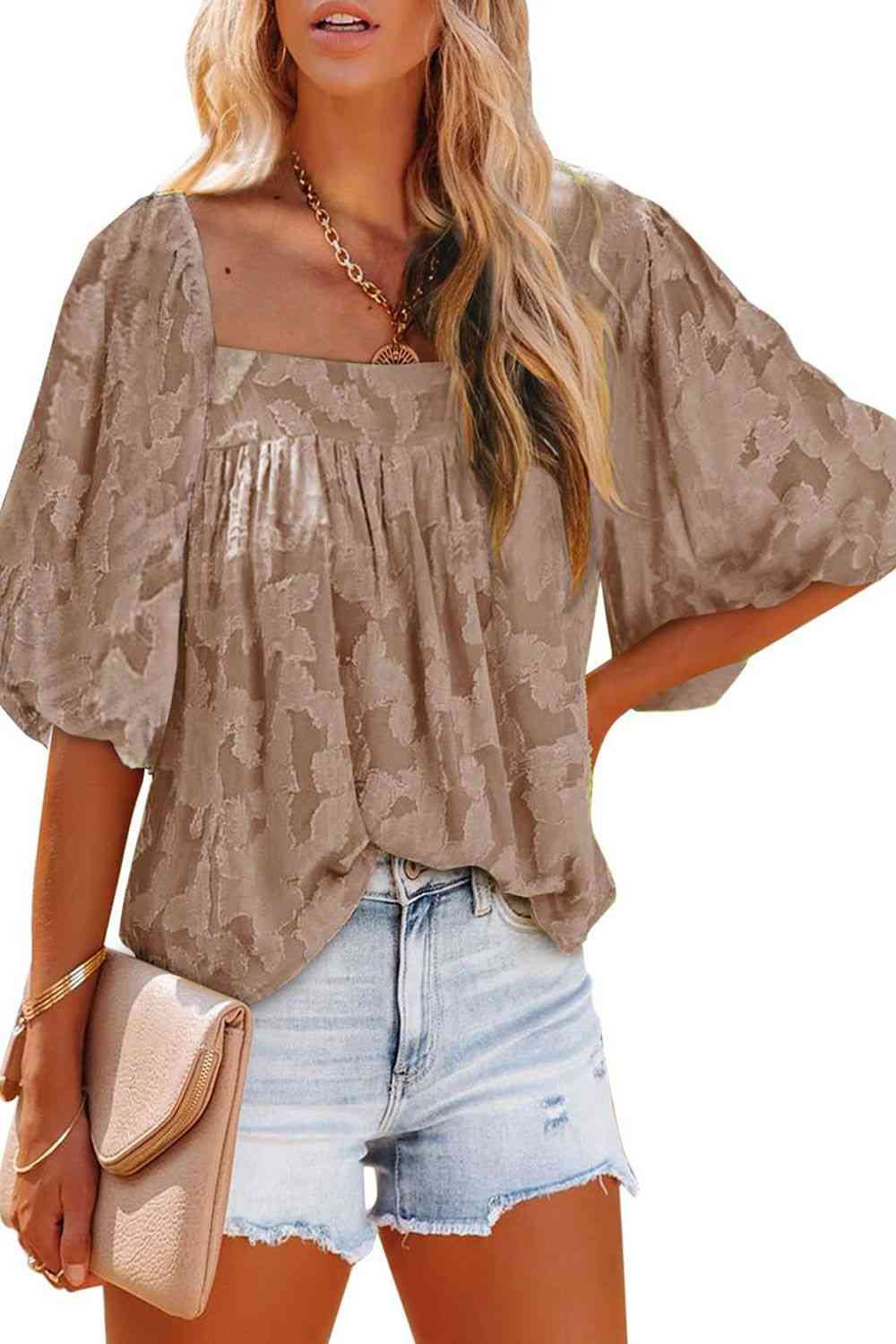 Square Neck Puff Sleeve Blouse - AllIn Computer