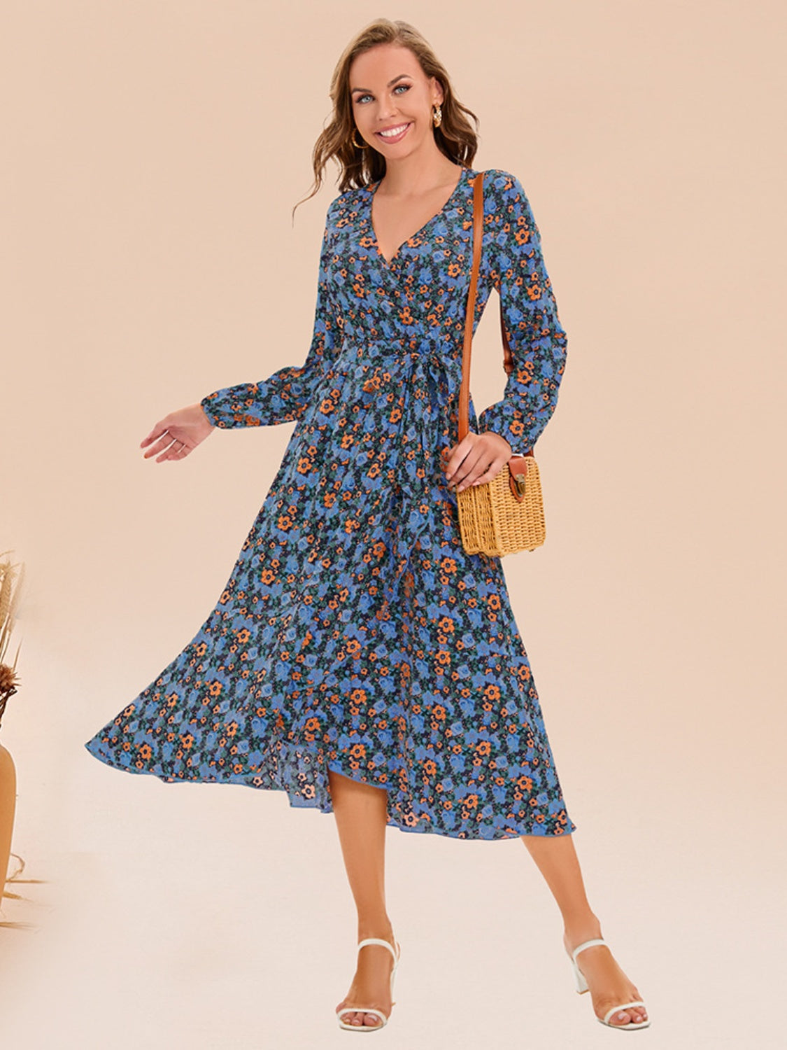 Full Size Printed Surplice Long Sleeve Dress - AllIn Computer