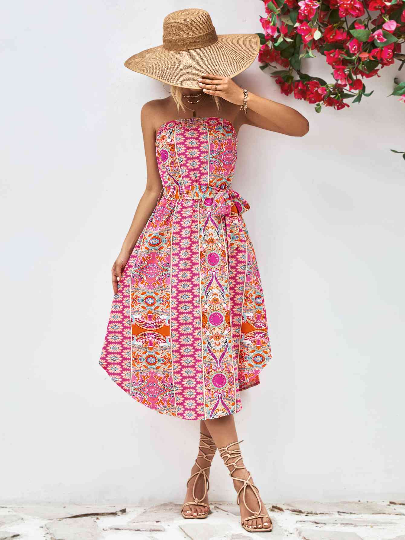 Printed Strapless Tie Belt Dress - AllIn Computer