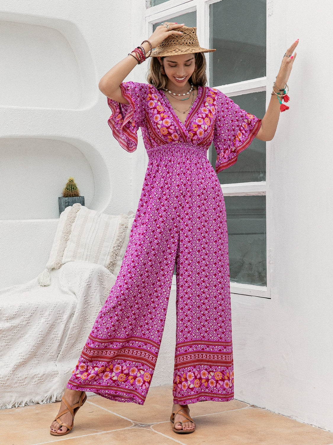 Floral Surplice Flutter Sleeve Jumpsuit - AllIn Computer