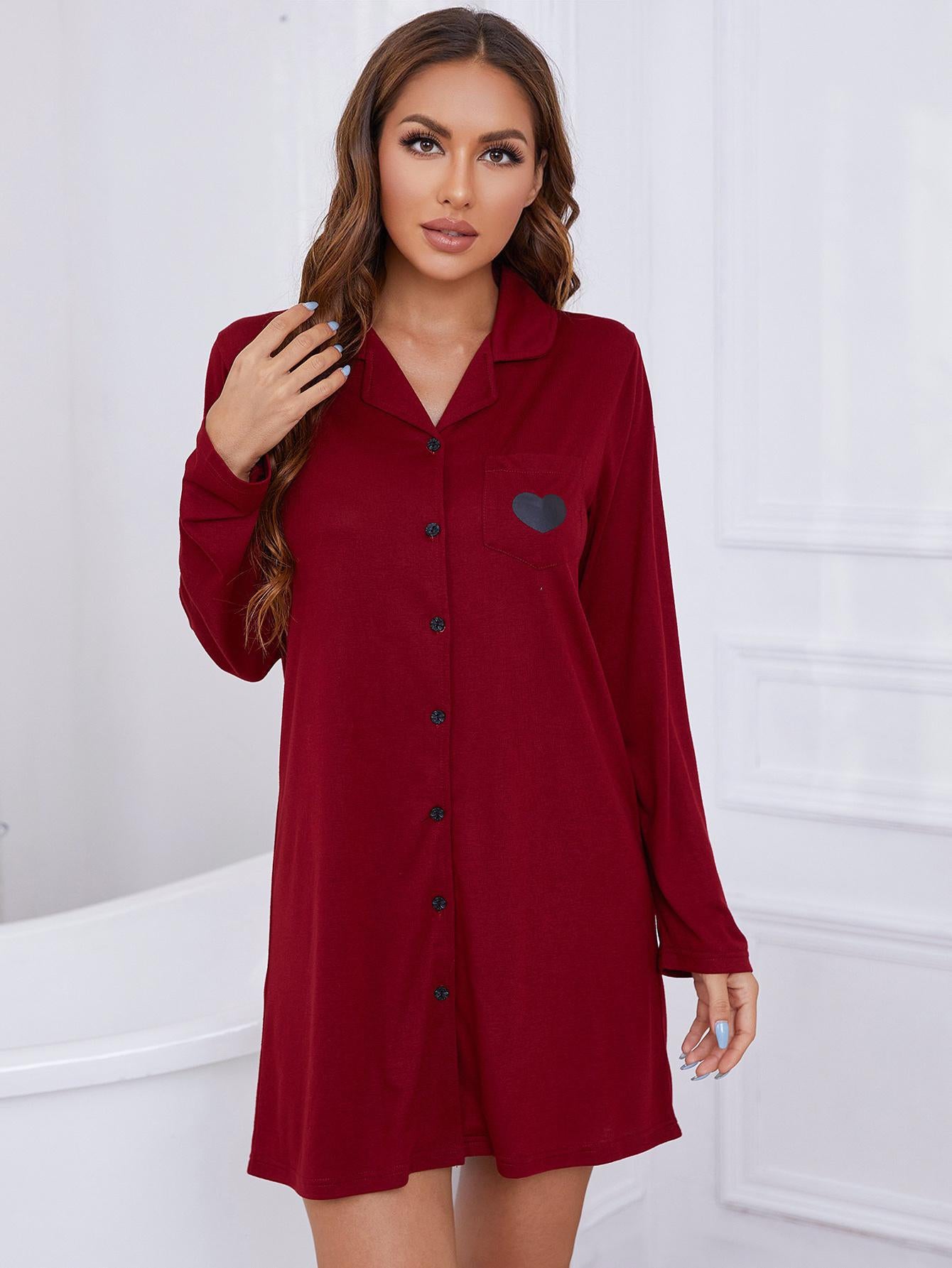 Heart Graphic Lapel Collar Long Sleeve Night Dress - AllIn Computer