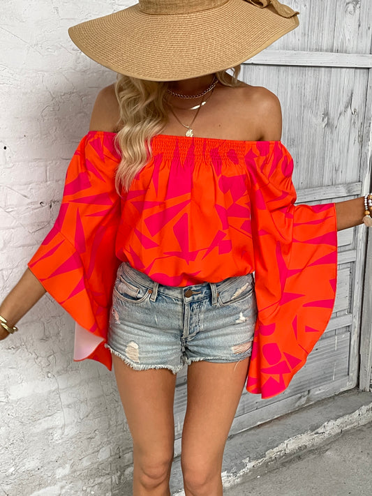 Printed Off-Shoulder Bell Sleeve Blouse - AllIn Computer
