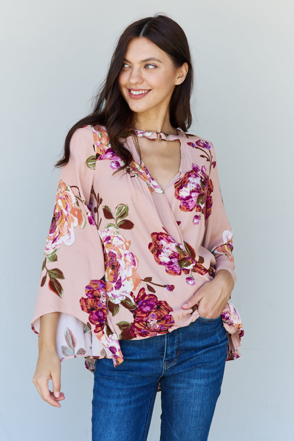 ODDI Full Size Floral Bell Sleeve Crepe Top - AllIn Computer