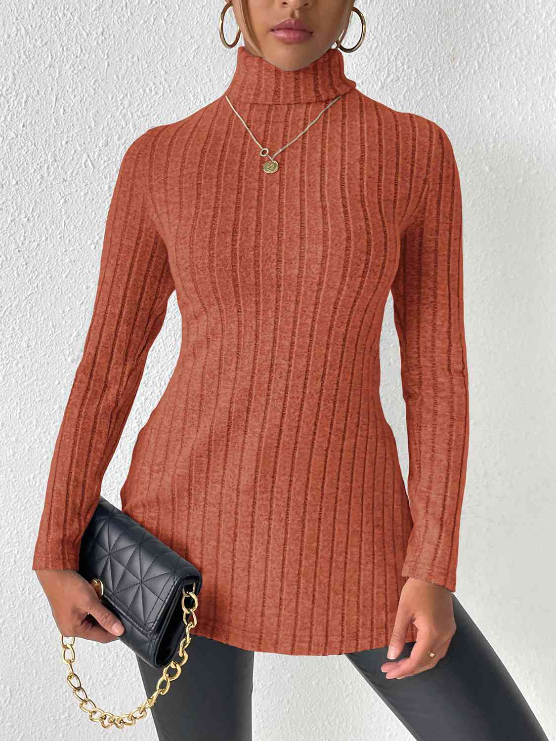 Ribbed Turtleneck Long Sleeve Slit T-Shirt - AllIn Computer