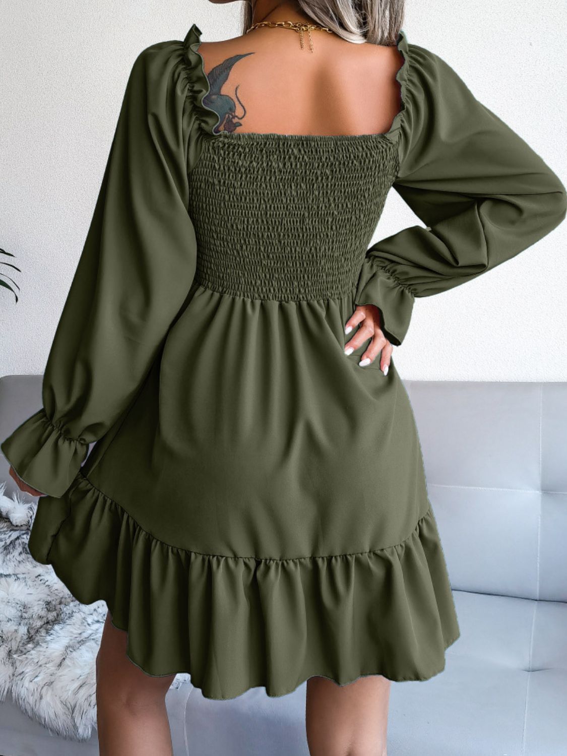 Smocked Flounce Sleeve Square Neck Dress - AllIn Computer