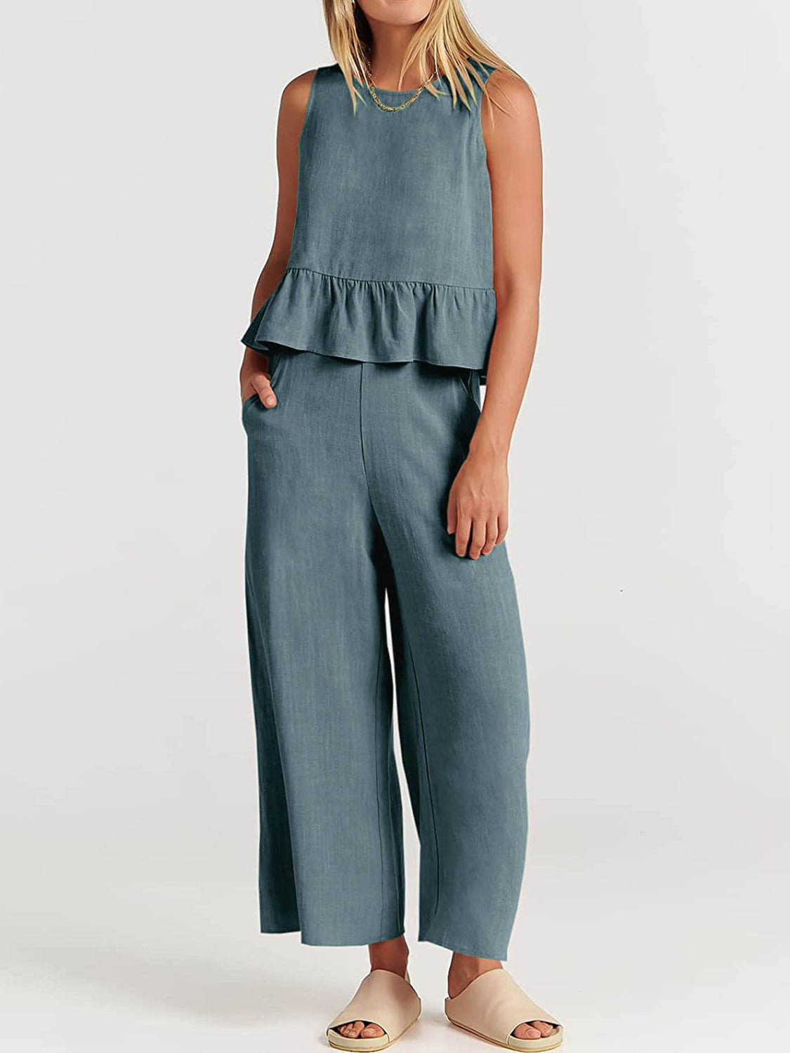 Full Size Round Neck Top and Wide Leg Pants Set - AllIn Computer