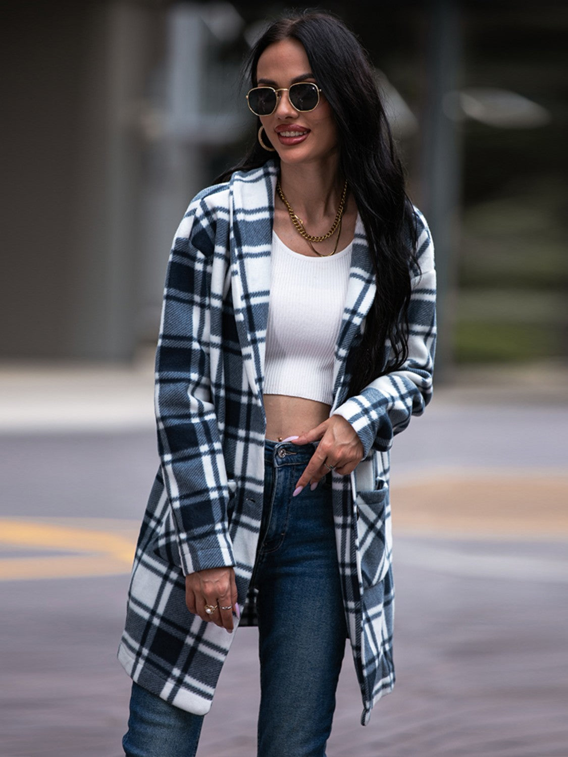 Plaid Shawl Collar Coat with Pockets - AllIn Computer