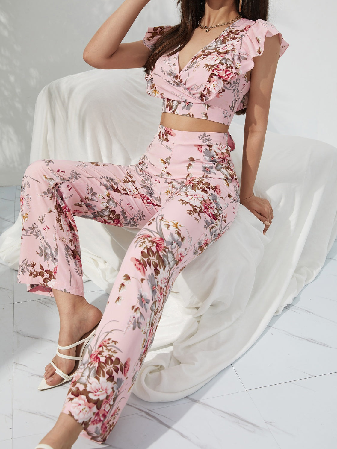 Printed Surplice Cap Sleeve Top and Pants Set - AllIn Computer