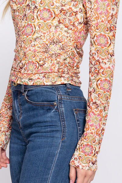 ACTIVE BASIC Ruched Printed Long Sleeve Top - AllIn Computer