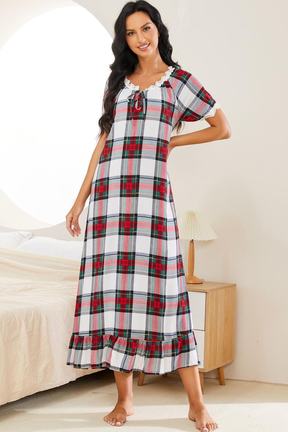 Plaid Lace Trim Ruffle Hem Night Dress - AllIn Computer