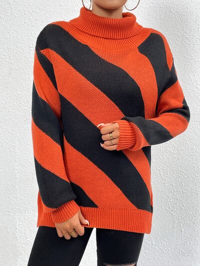 Striped Turtleneck Dropped Shoulder Sweater - AllIn Computer