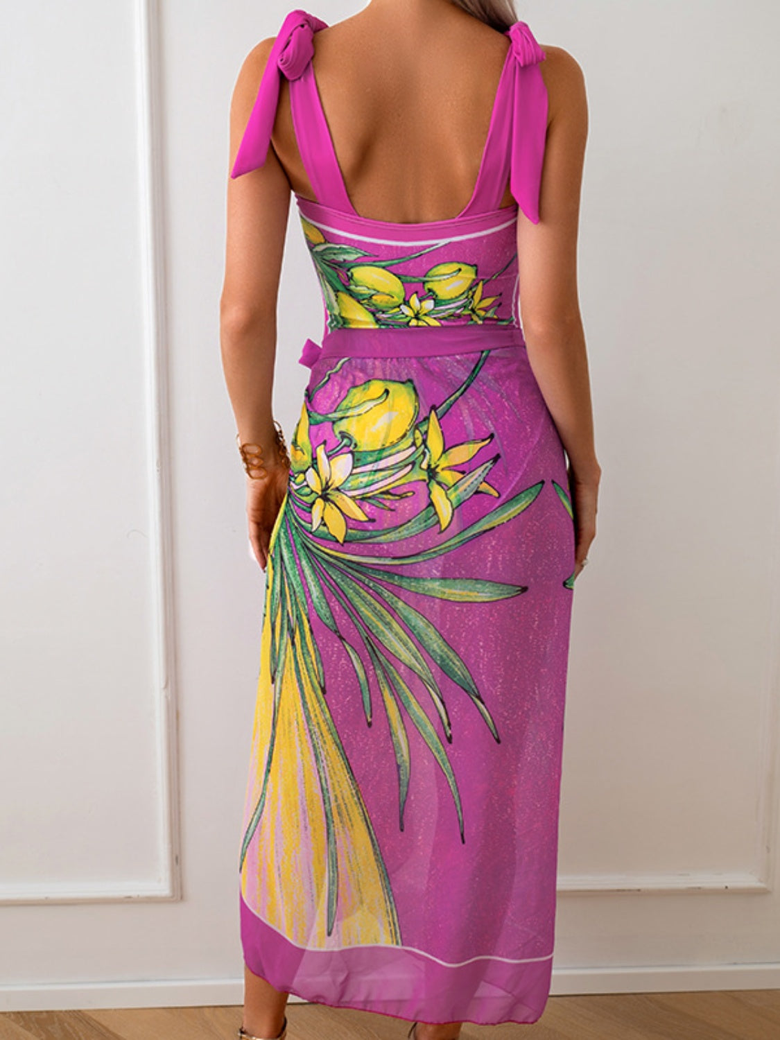 Printed V-Neck Tie Shoulder Swimwear and Skirt Set - AllIn Computer