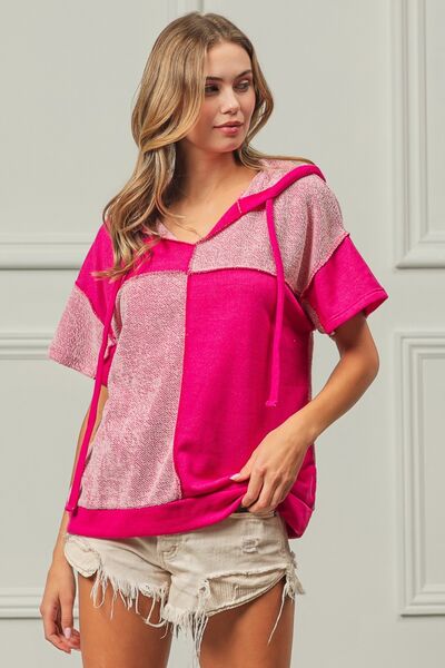BiBi Color Block Exposed Seam Short Sleeve Hooded Top - AllIn Computer