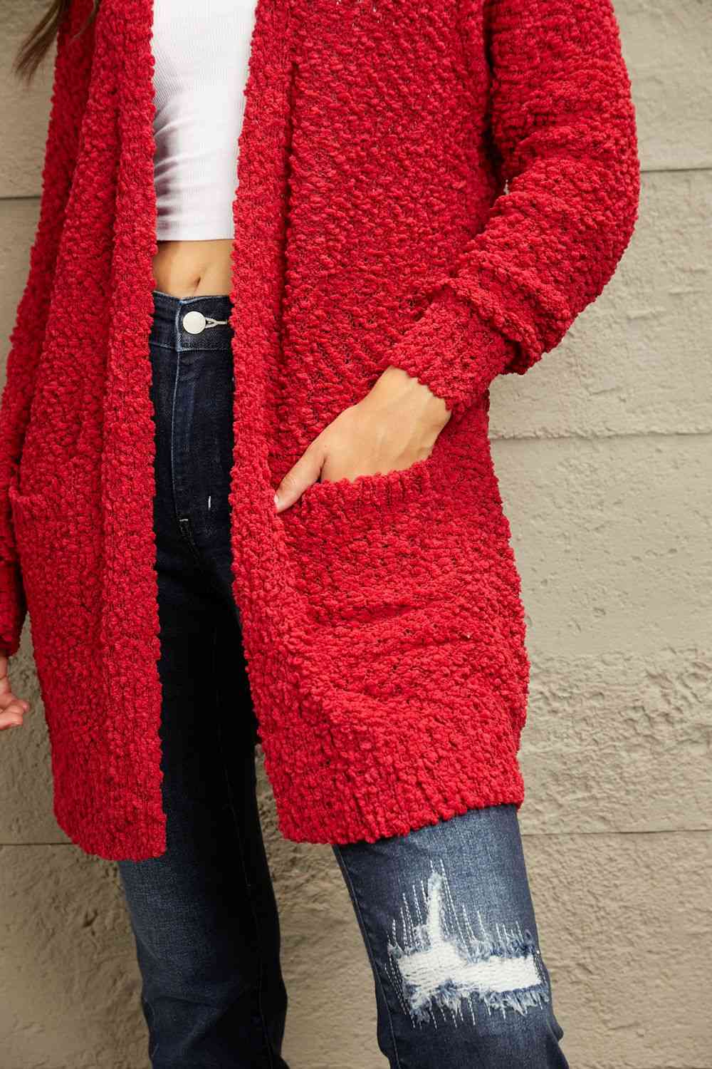 Zenana Falling For You Full Size Open Front Popcorn Cardigan - AllIn Computer